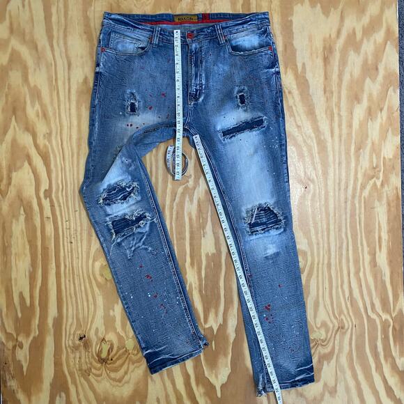 Makobi Biker Jeans Mens Size 38 x 34 Rip & Repair Distressing Paint Splatter - Picture 5 of 15